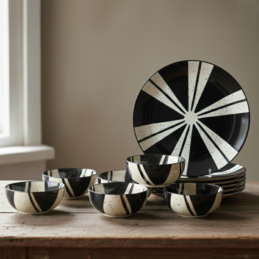 BlackCarrot Ceramic Dinner Set, Splash Set of 12 Pieces | Stoneware Series | Crockery Set for Dining Table | Dining Sets Crockery Items | Glossy Finish | Premium Ceramic (Black & White) Dinner Set BlackCarrot