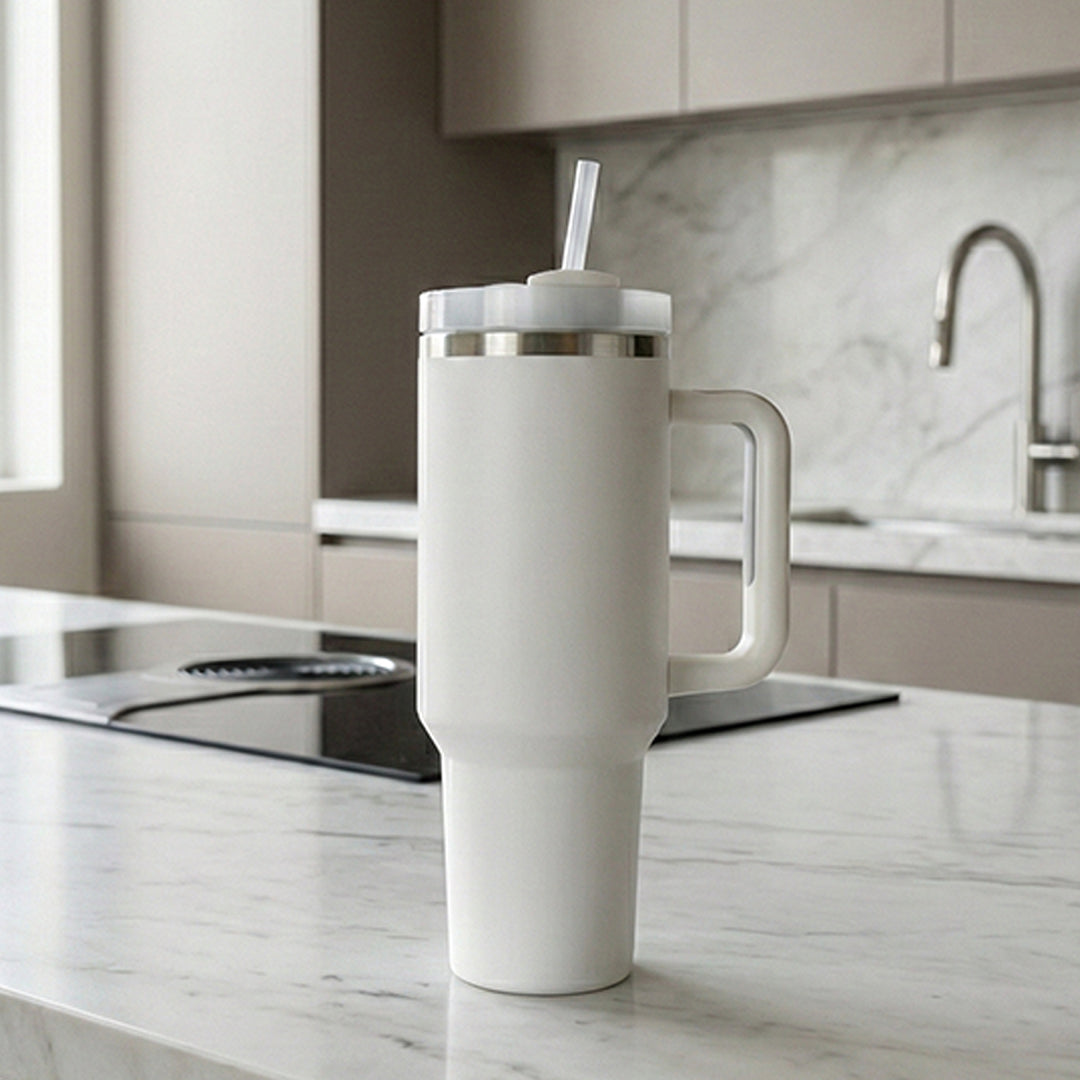 BlackCarrot White 1.2 Litre Insulated 304 Grade Stainless Steel Tumbler with Handle & Straw