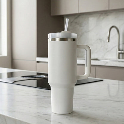 BlackCarrot White 1.2 Litre Insulated 304 Grade Stainless Steel Tumbler with Handle & Straw