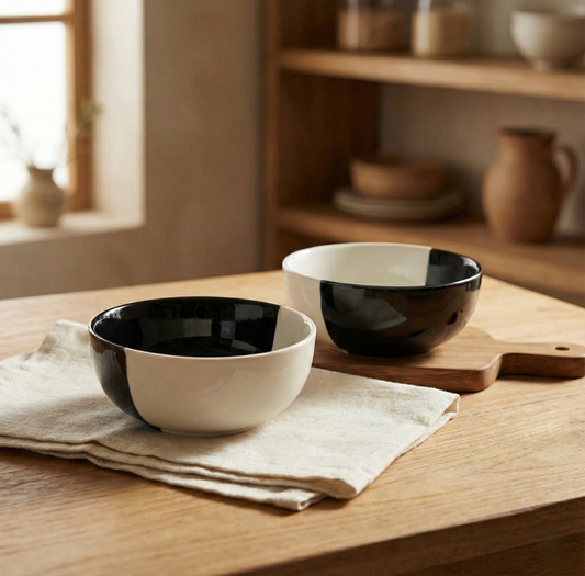 Two black and white ceramic bowls on a wooden table with a neutral background.
