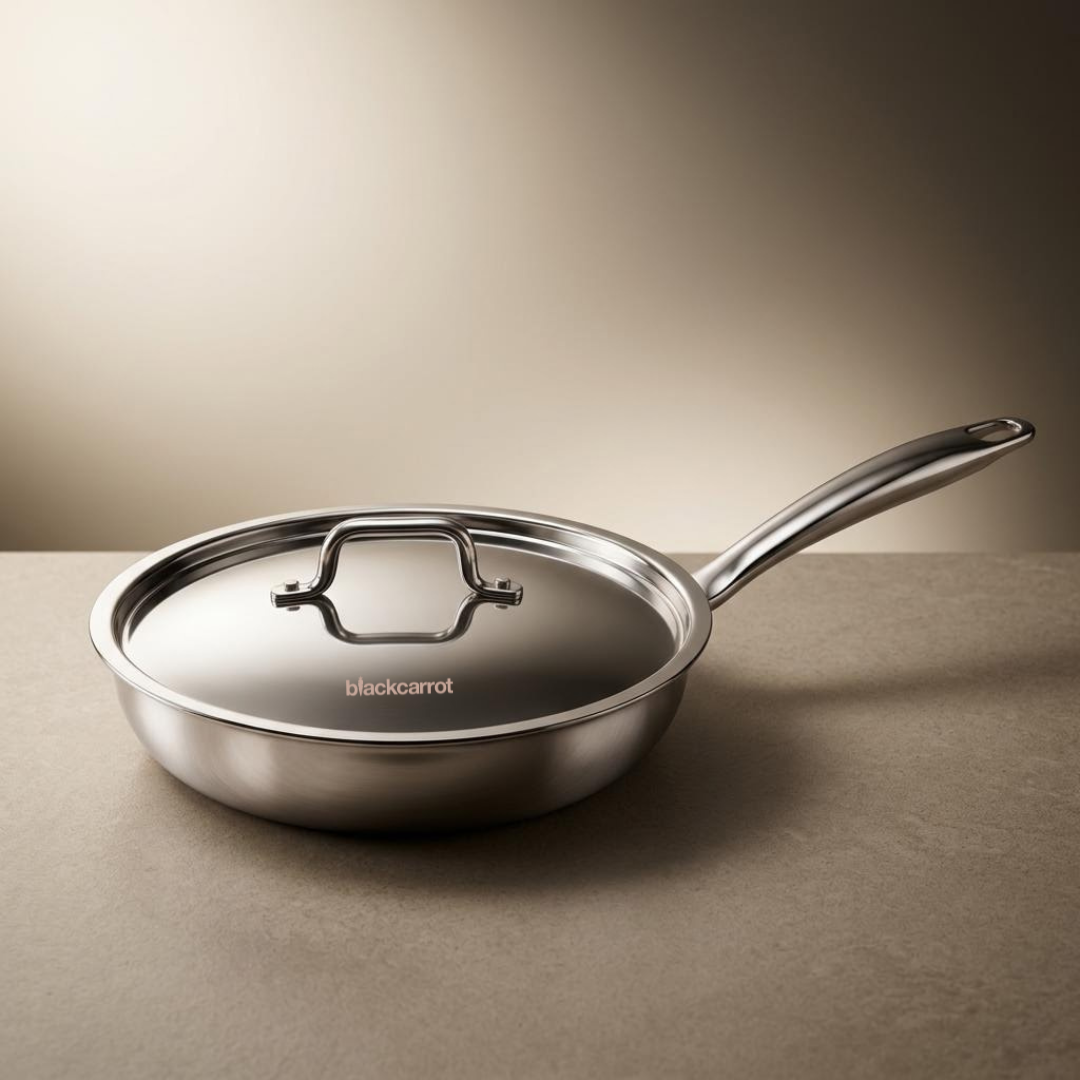 BlackCarrot Triply Fry Pan (1.3 L) with Stainless Steel Lid – Premium Stainless Steel Cookware