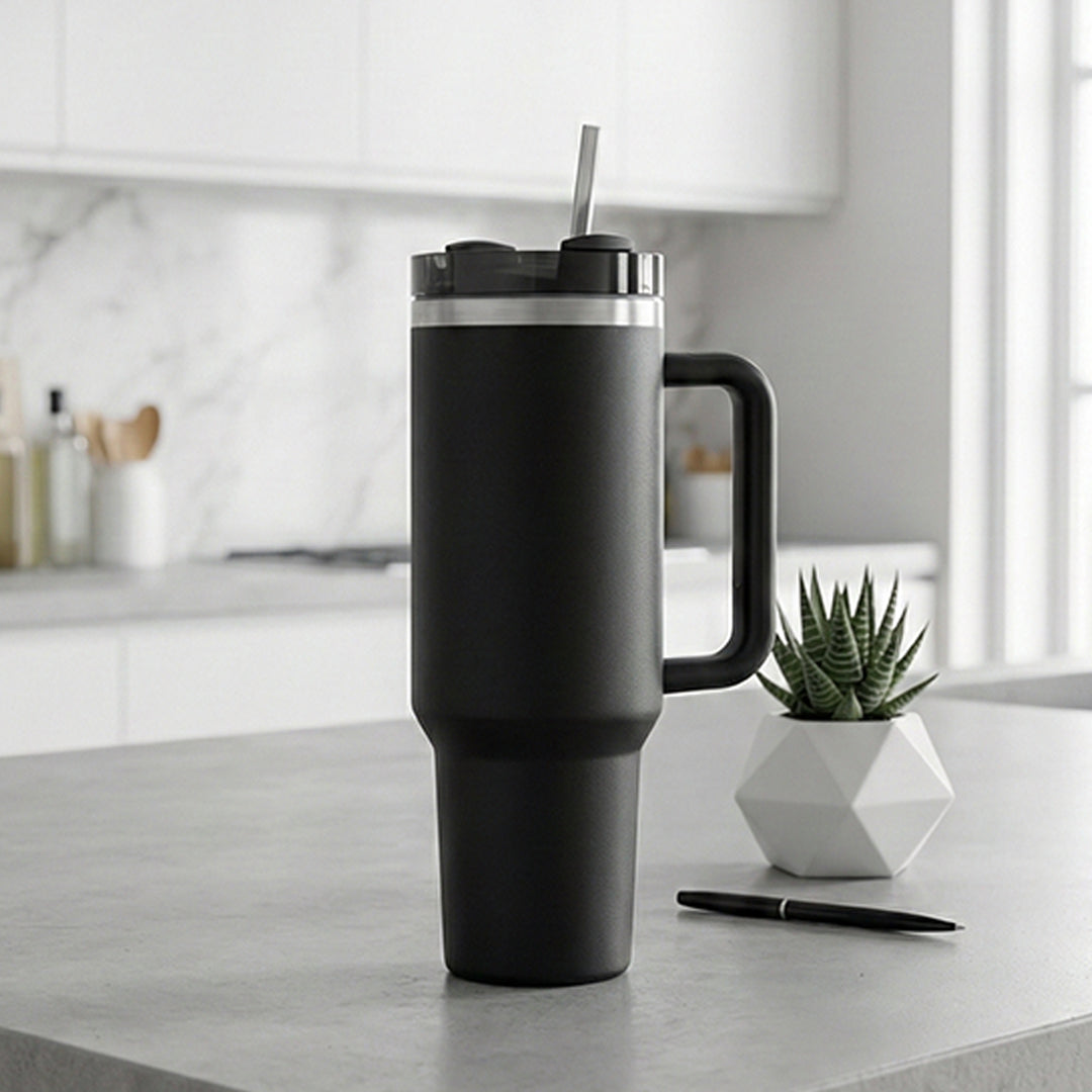 BlackCarrot Black 1.2 Litre Insulated 304 Grade Stainless Steel Tumbler with Handle & Straw