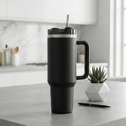 BlackCarrot Black 1.2 Litre Insulated 304 Grade Stainless Steel Tumbler with Handle & Straw