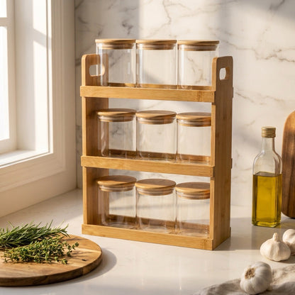 Black Carrot Spice Jar Stand with 9 Containers | Airtight Lead-Free Glass Jars