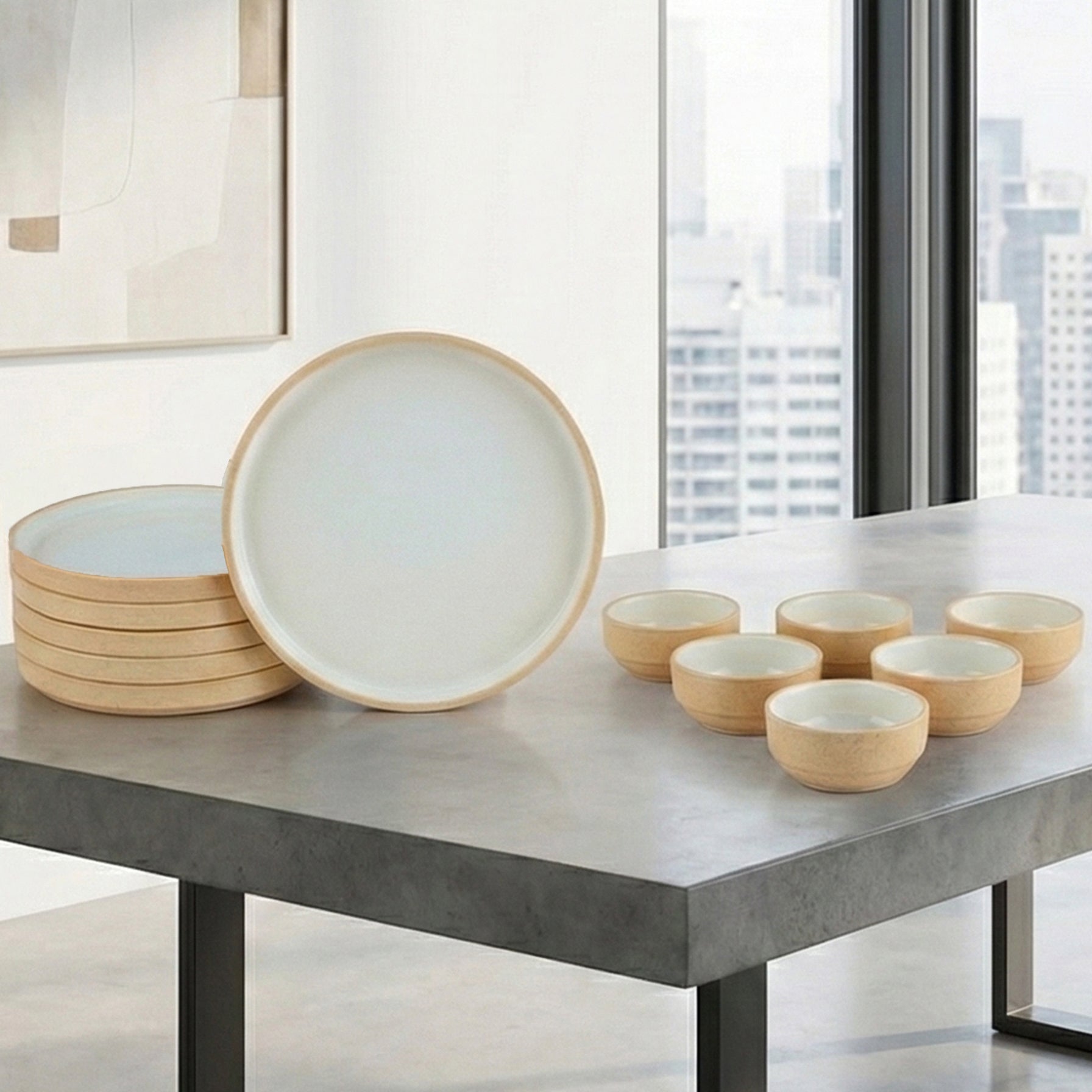 BlackCarrot Ceramic Dinner Set Beige and White 12 Piece Stoneware Crockery for Dining Table BlackCarrot