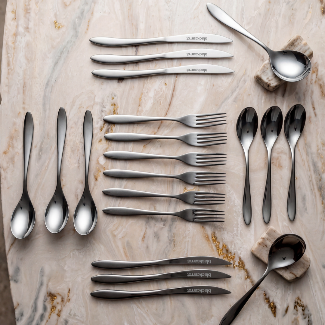Black Carrot 304 Food Grade Stainless Steel Silver Mirror Finish Cutlery Set of 20 Pcs BlackCarrot