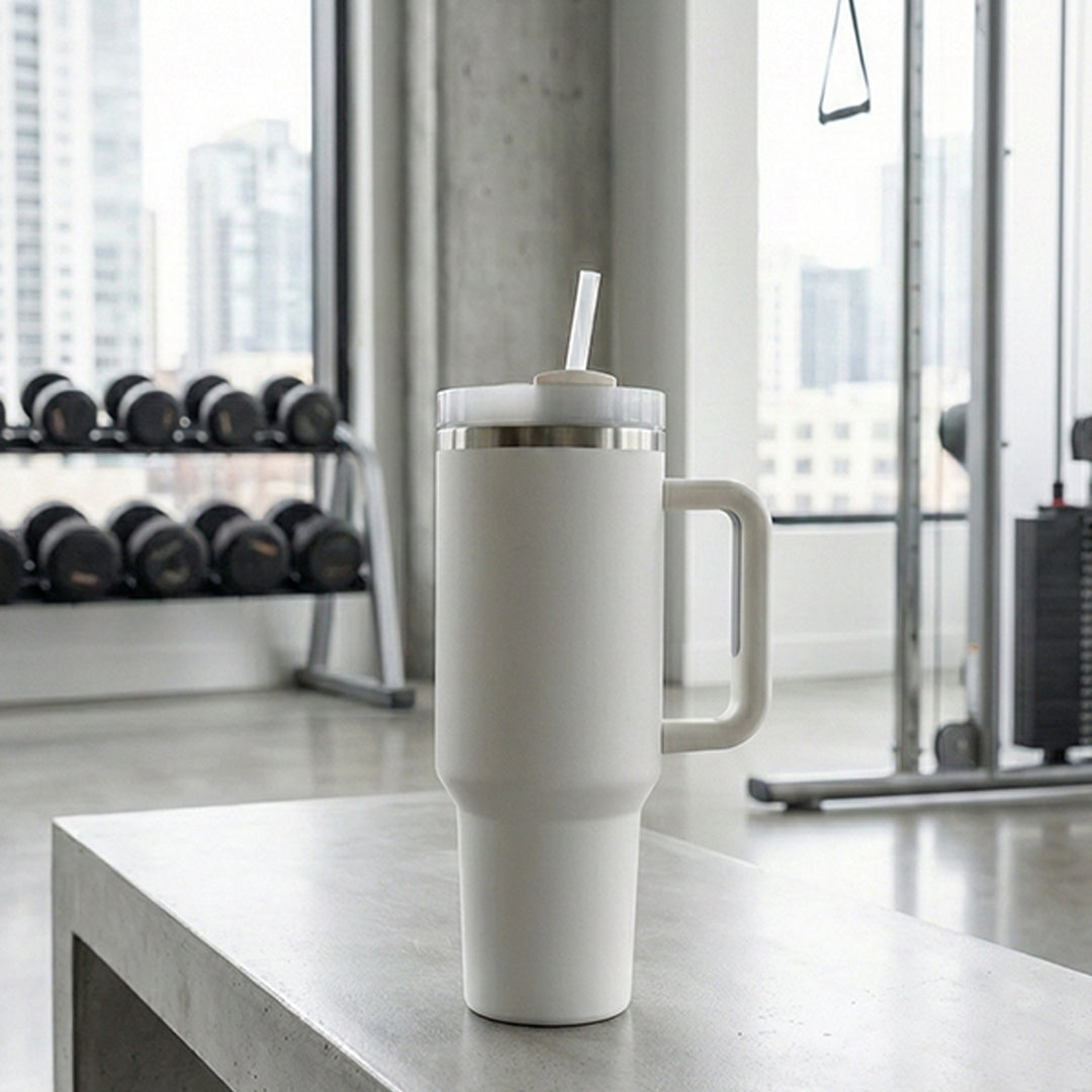 BlackCarrot White 1.2 Litre Insulated 304 Grade Stainless Steel Tumbler with Handle & Straw