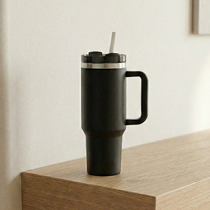 BlackCarrot Black 1.2 Litre Insulated 304 Grade Stainless Steel Tumbler with Handle & Straw