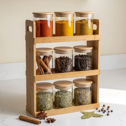 Black Carrot Spice Jar Stand with 9 Containers | Airtight Lead-Free Glass Jars
