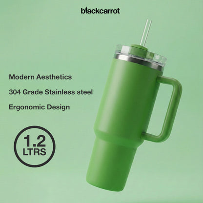 BlackCarrot Green 1.2 Litre Insulated 304 Grade Stainless Steel Tumbler with Handle & Straw