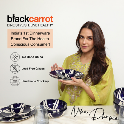 BlackCarrot Ceramic Dinner Set, Blue Splash Set of 12 Pieces | Stoneware Series | Crockery Set for Dining Table | Dining Sets Crockery Items | Glossy Finish | Premium Ceramic (Blue & White) Dinner Set BlackCarrot