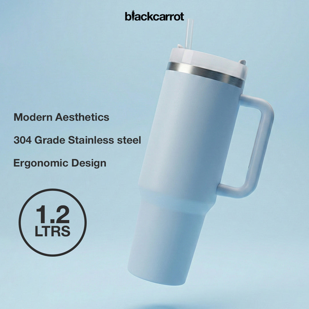 BlackCarrot Blue 1.2 Litre Insulated 304 Grade Stainless Steel Tumbler with Handle & Straw