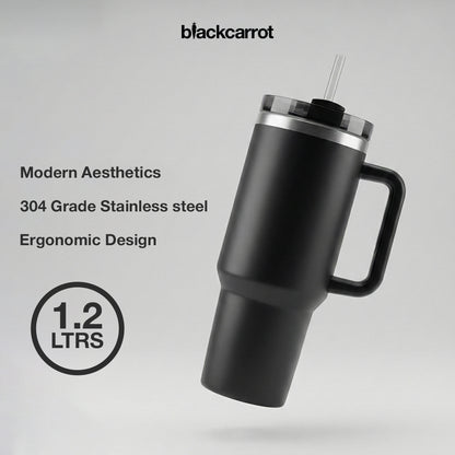 BlackCarrot Black 1.2 Litre Insulated 304 Grade Stainless Steel Tumbler with Handle & Straw