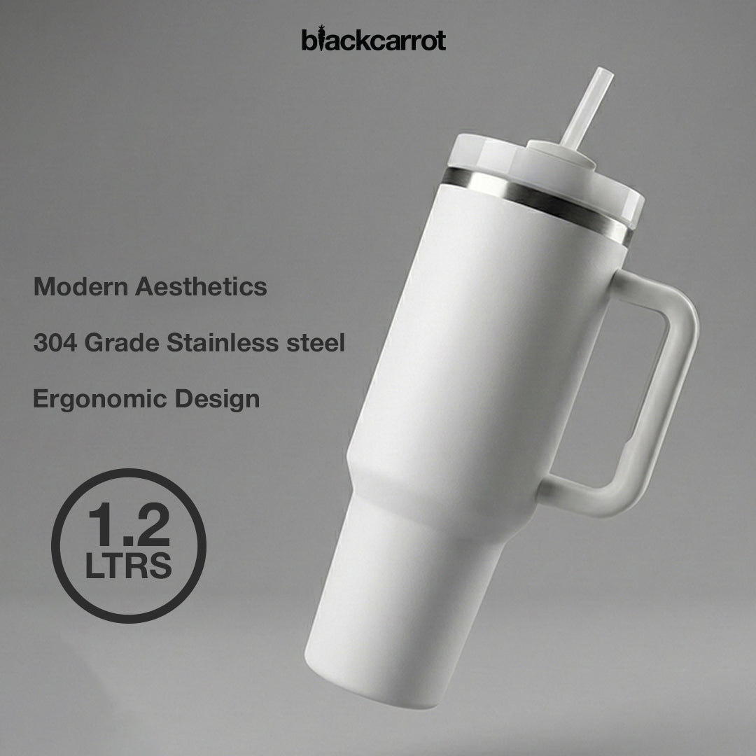 BlackCarrot White 1.2 Litre Insulated 304 Grade Stainless Steel Tumbler with Handle & Straw
