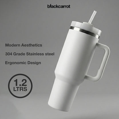 BlackCarrot White 1.2 Litre Insulated 304 Grade Stainless Steel Tumbler with Handle & Straw