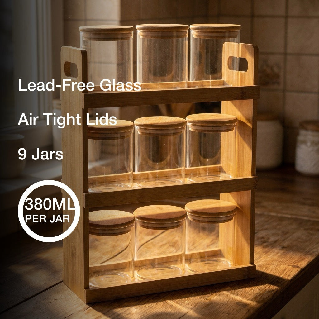 Black Carrot Spice Jar Stand with 9 Containers | Airtight Lead-Free Glass Jars