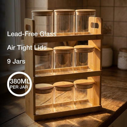 Black Carrot Spice Jar Stand with 9 Containers | Airtight Lead-Free Glass Jars