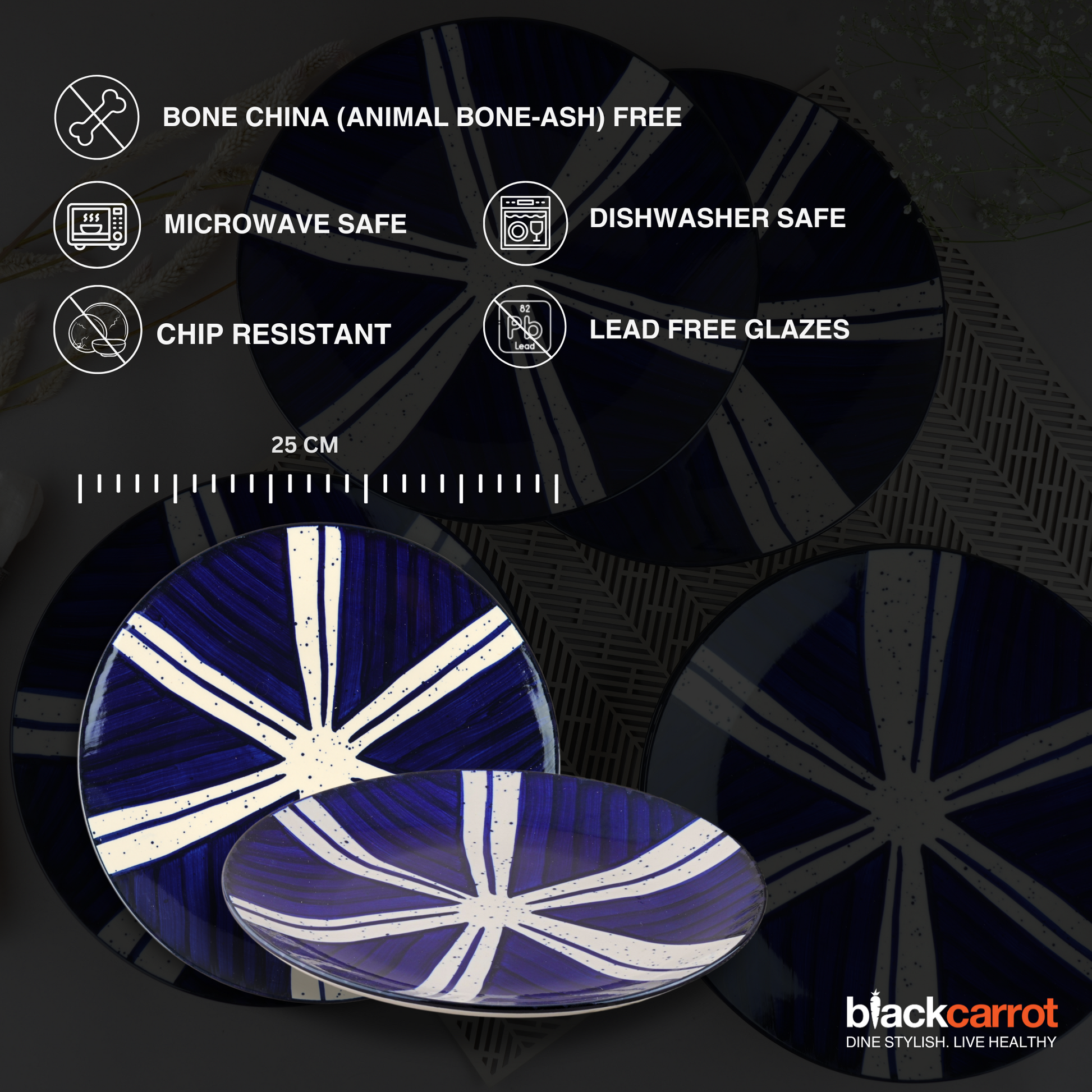 BlackCarrot Ceramic Dinner Set, Blue Splash Set of 12 Pieces | Stoneware Series | Crockery Set for Dining Table | Dining Sets Crockery Items | Glossy Finish | Premium Ceramic (Blue & White) Dinner Set BlackCarrot