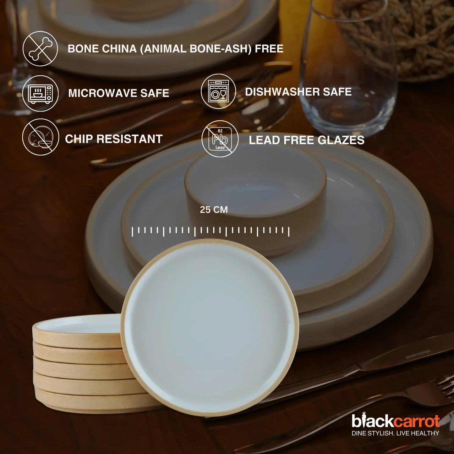 Black Carrot Beige & White Ceramic Dinner Plates Set of 6 BlackCarrot