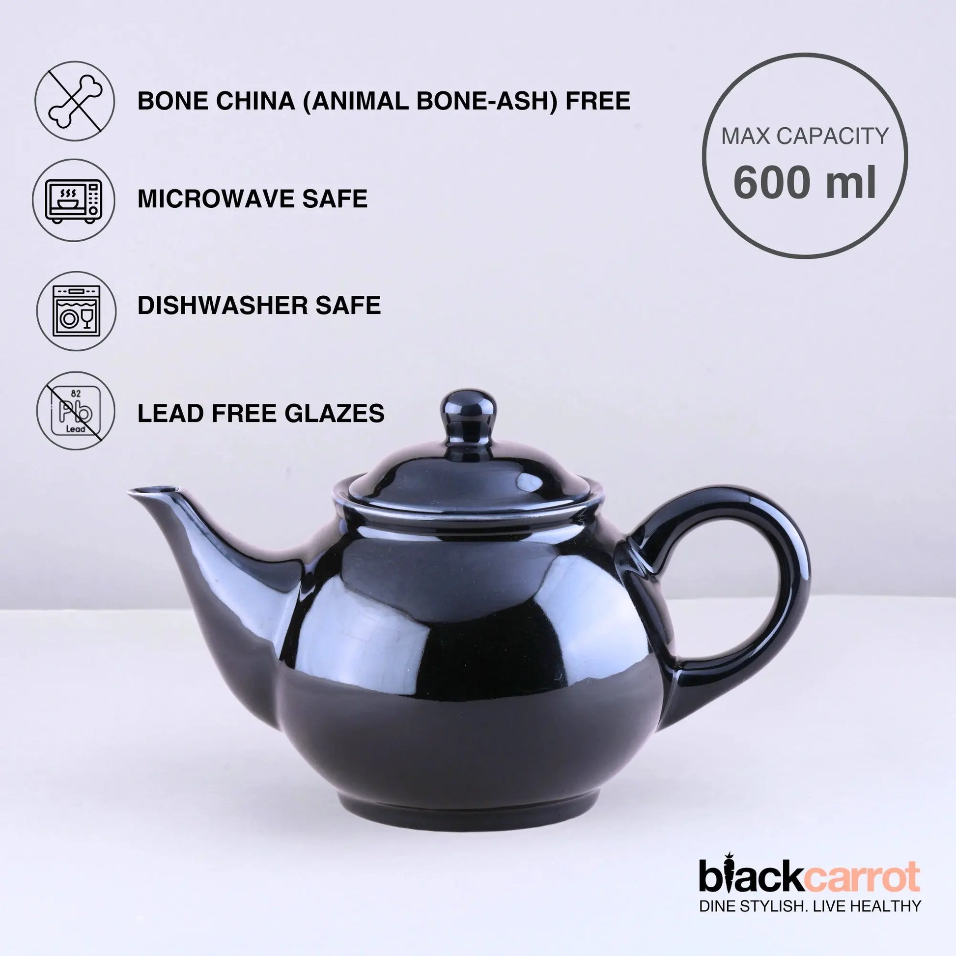 Black Carrot Black Ceramic Teapot 600ml Glossy Finish BlackCarrot