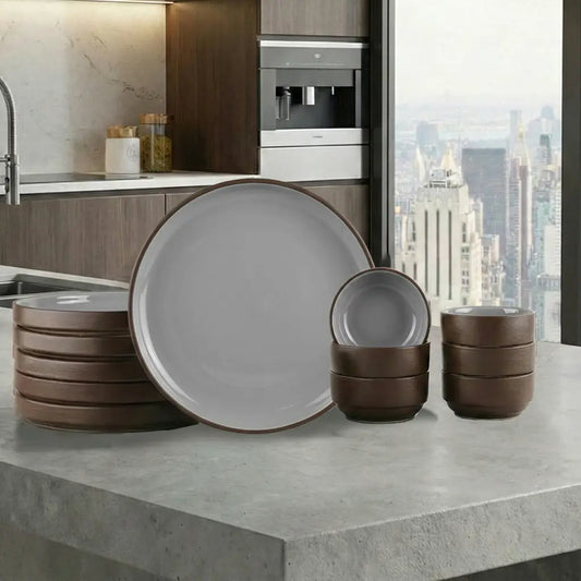 Black Carrot Brown Dinner Set 12 Pieces, Bone China Free Stoneware BlackCarrot