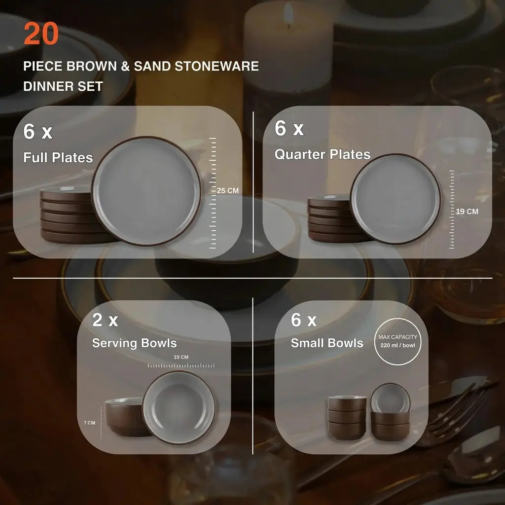 Black Carrot Brown Stoneware Dinner Set 20 Pieces, Bone China Free Ceramic BlackCarrot