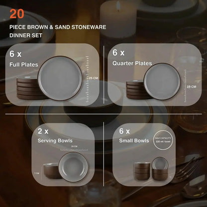Black Carrot Brown Stoneware Dinner Set 20 Pieces, Bone China Free Ceramic BlackCarrot