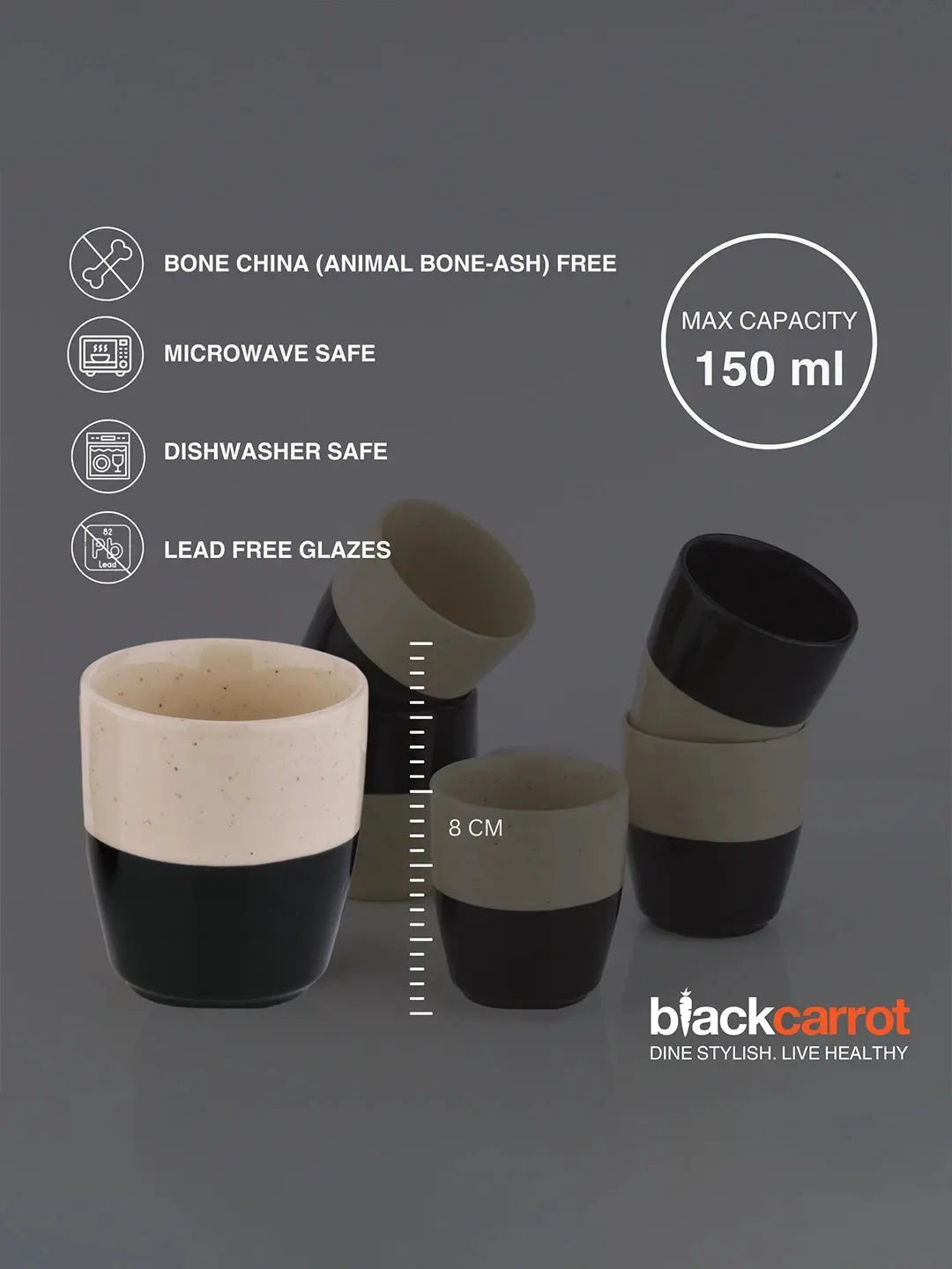 Black Carrot Ceramic Black & White Kulhad Cups Set of 6, Glossy Finish for Tea & Coffee BlackCarrot