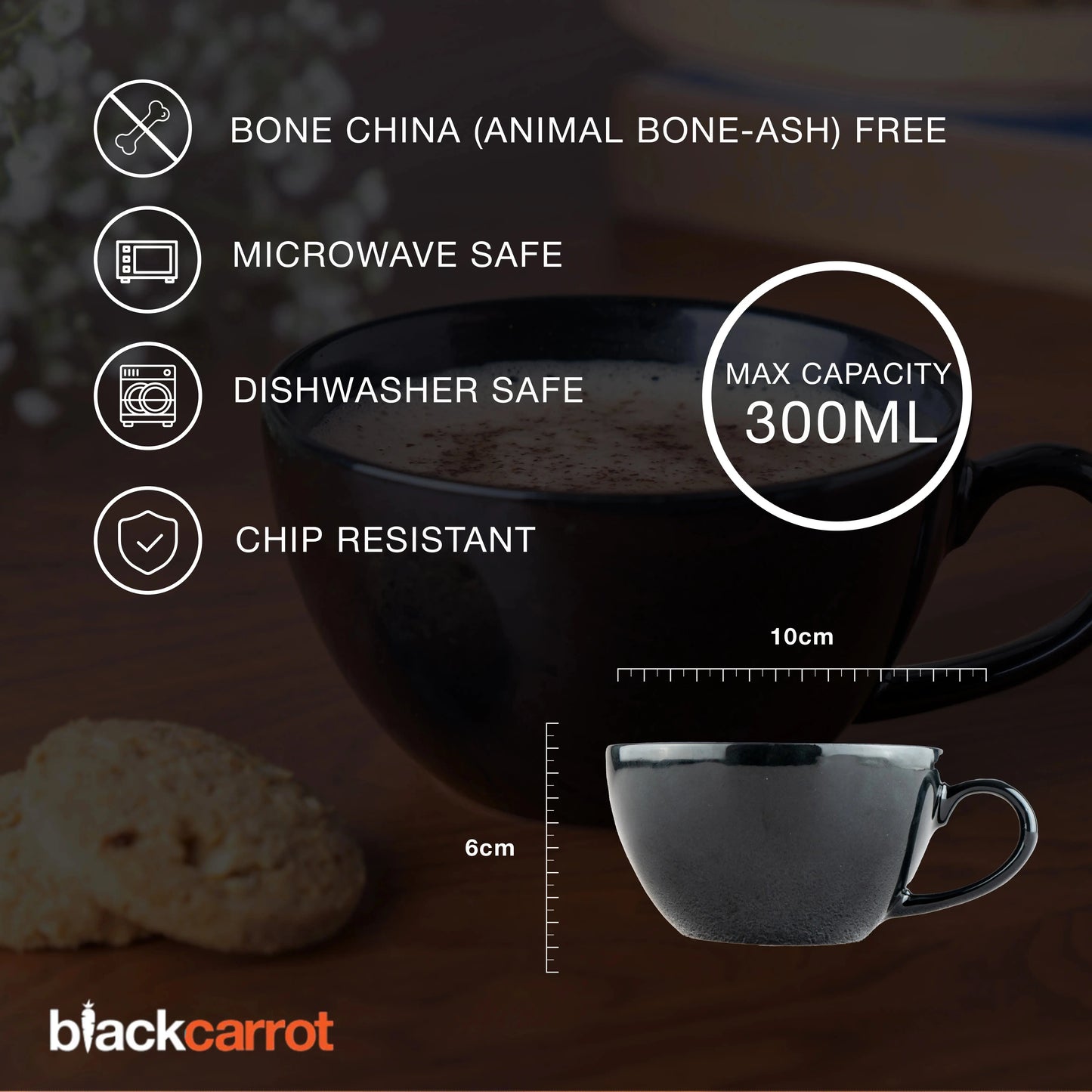 Black Carrot Ceramic Coffee Mugs, Set of 2, Black & White, 300ml BlackCarrot