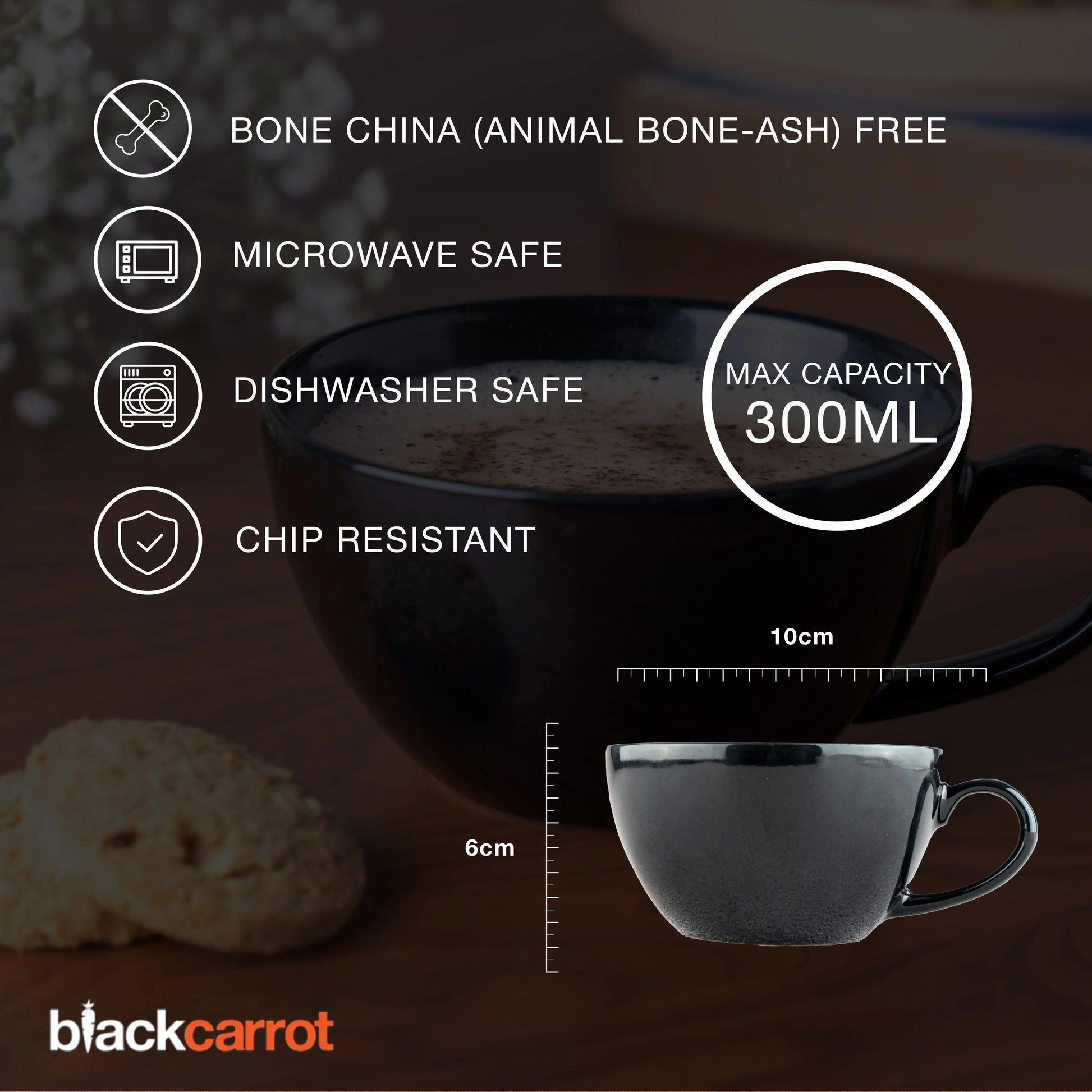 Black Carrot Ceramic Coffee Mugs, Set of 2, Black & White, 300ml BlackCarrot