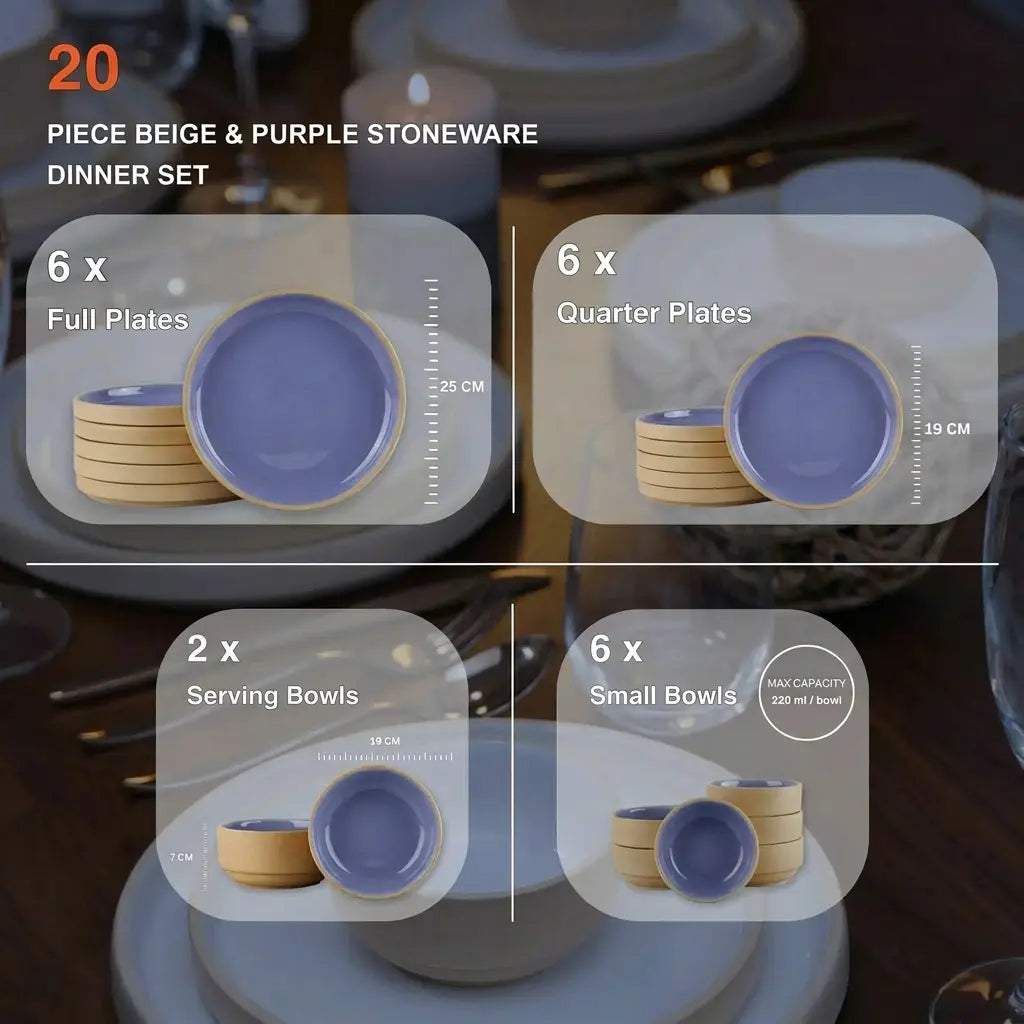 Black Carrot Ceramic Dinner Set 20 Pieces, Bone China Free Stoneware, Lavendar BlackCarrot