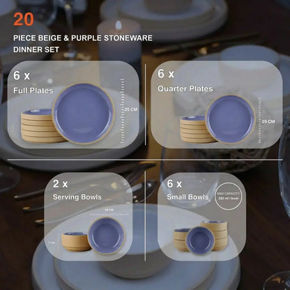 Black Carrot Ceramic Dinner Set 20 Pieces, Bone China Free Stoneware, Lavendar BlackCarrot