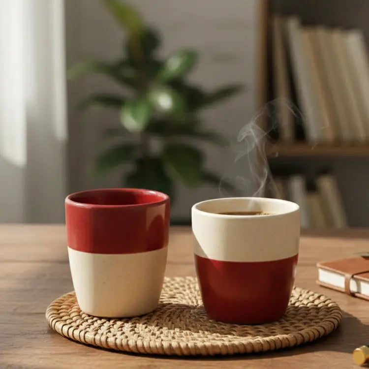 Black Carrot Ceramic White & Red Kulhad and Teapot Set of 3 BlackCarrot