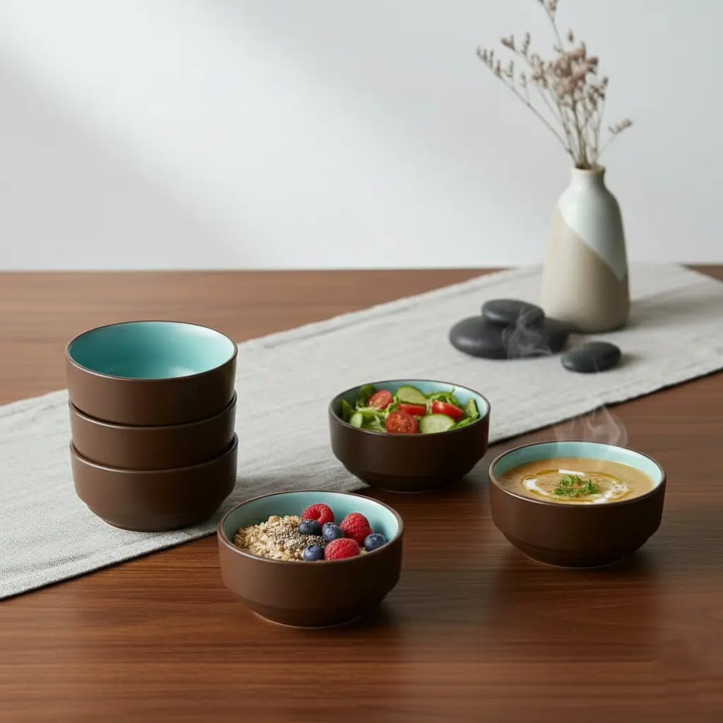 Black Carrot Premium Stoneware Brown & Blue Small Bowls Set of 6 BlackCarrot
