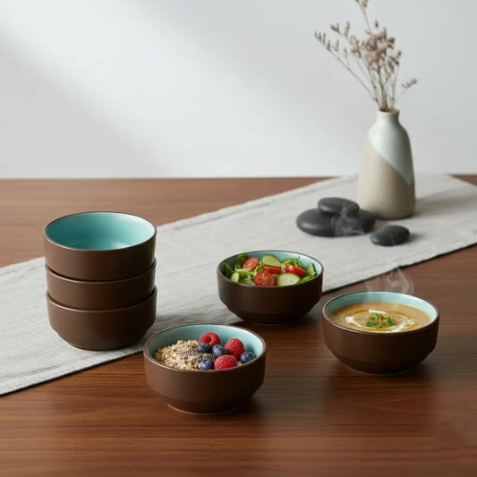 Black Carrot Premium Stoneware Brown & Blue Small Bowls Set of 6 BlackCarrot