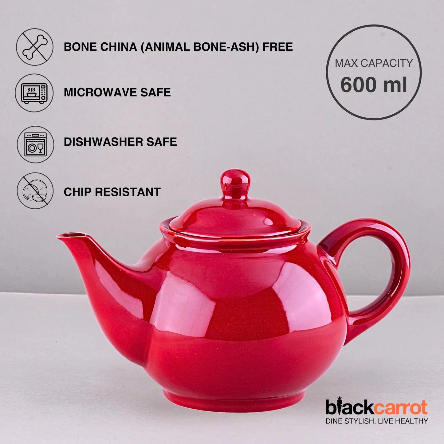 Black Carrot Red Ceramic Teapot 600ml, Glossy Finish BlackCarrot