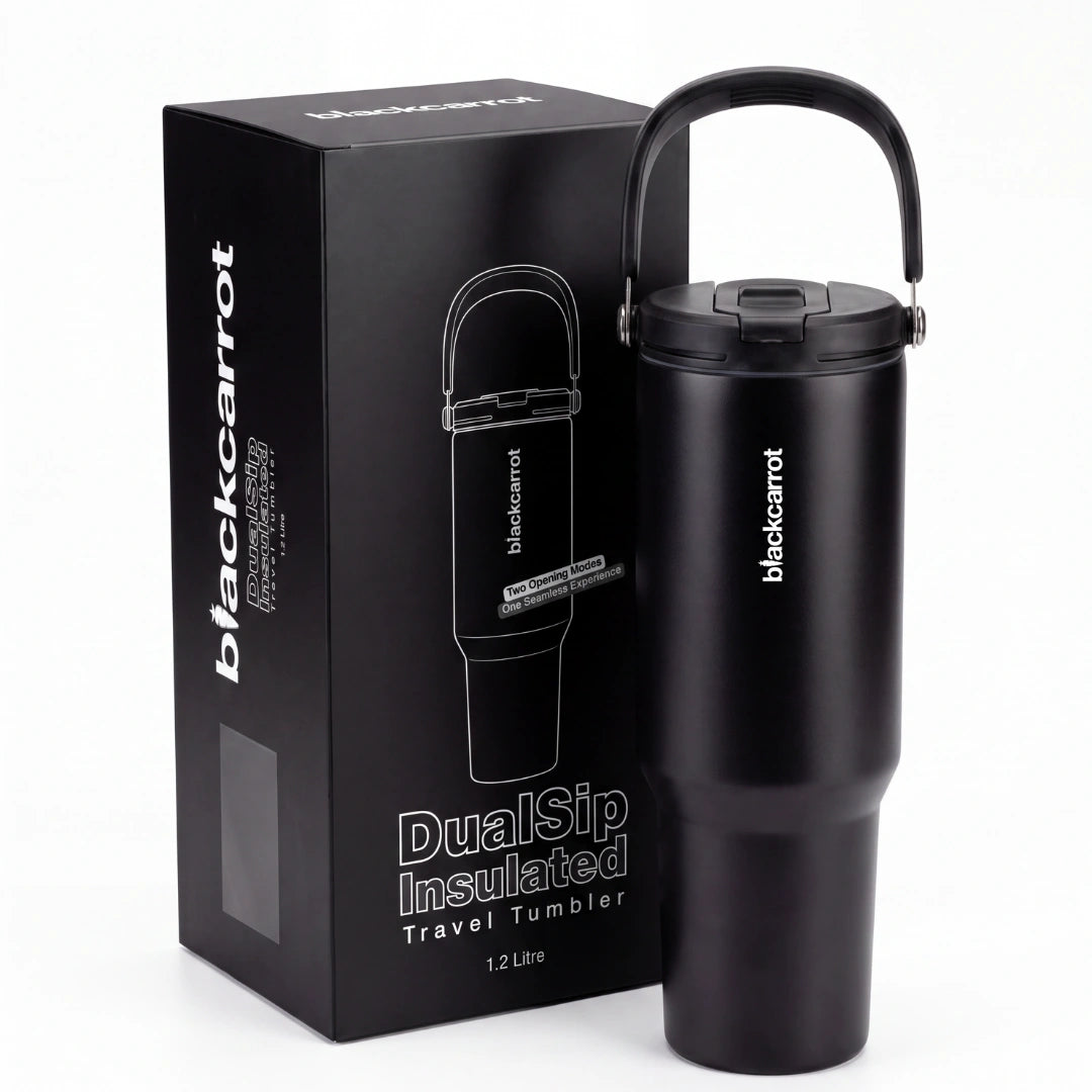 BlackCarrot DualSip Black 1.2 Litres Insulated Stainless Steel Tumbler 304 Grade, Handle & Straw