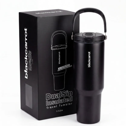 BlackCarrot DualSip Black 1.2 Litres Insulated Stainless Steel Tumbler 304 Grade, Handle & Straw