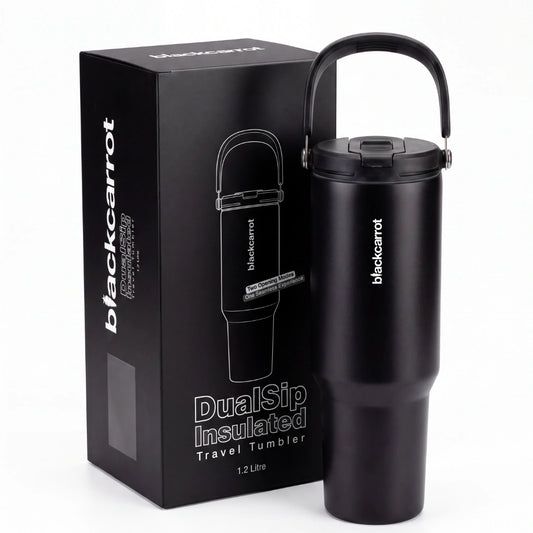 BlackCarrot DualSip Black 1.2 Litres Insulated Stainless Steel Tumbler 304 Grade, Handle & Straw