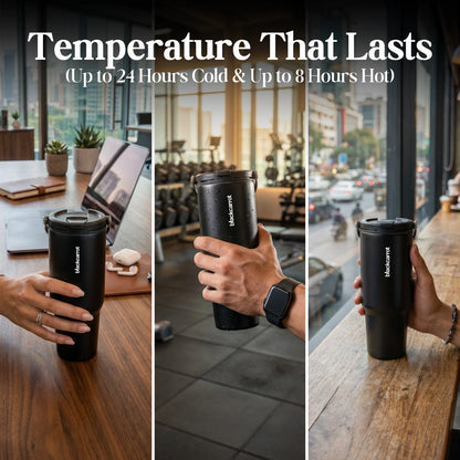 BlackCarrot DualSip Black 1.2 Litres Insulated Stainless Steel Tumbler 304 Grade, Handle & Straw