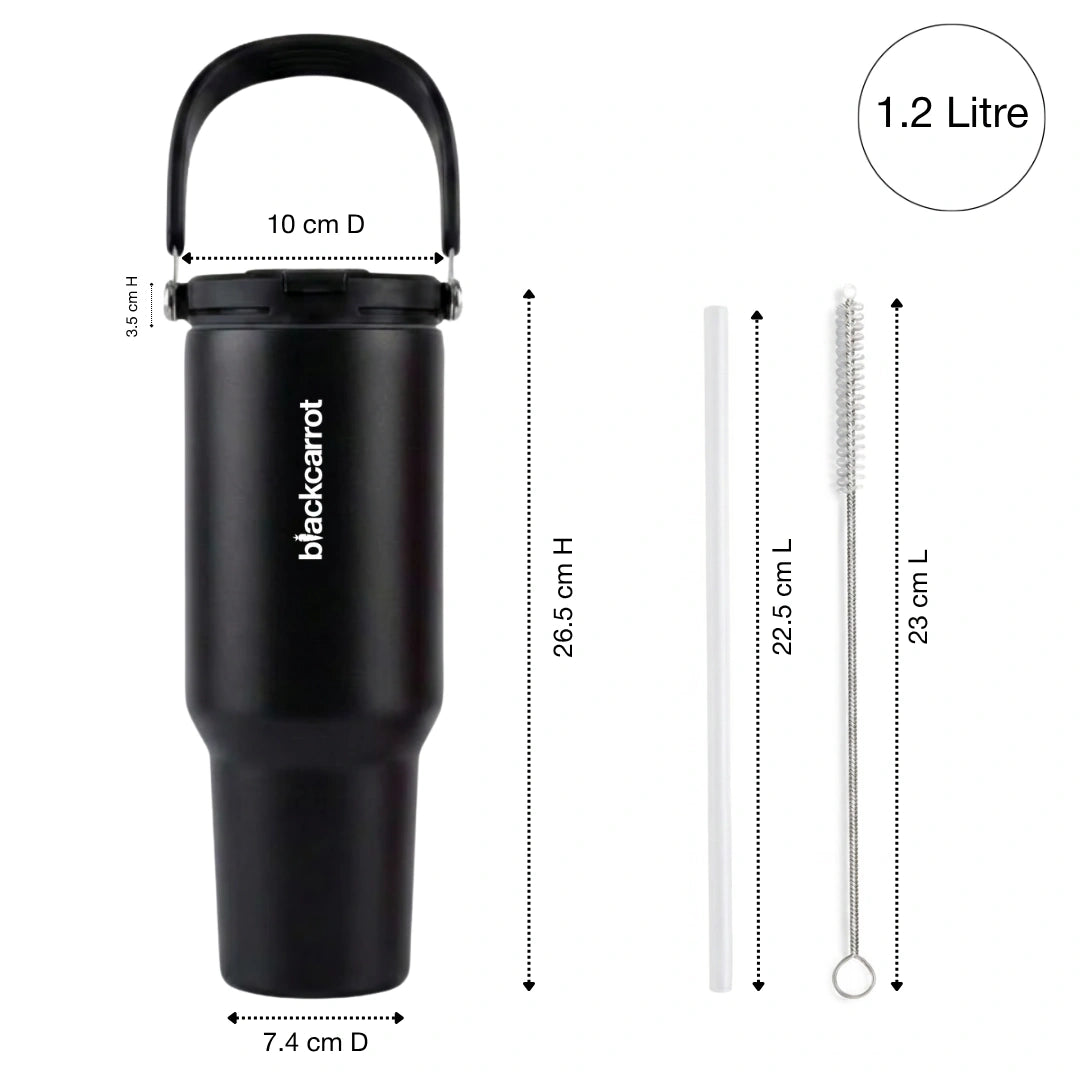 BlackCarrot DualSip Black 1.2 Litres Insulated Stainless Steel Tumbler 304 Grade, Handle & Straw