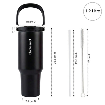 BlackCarrot DualSip Black 1.2 Litres Insulated Stainless Steel Tumbler 304 Grade, Handle & Straw