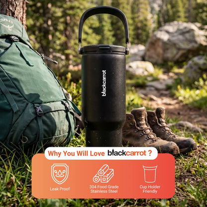BlackCarrot DualSip Black 1.2 Litres Insulated Stainless Steel Tumbler 304 Grade, Handle & Straw
