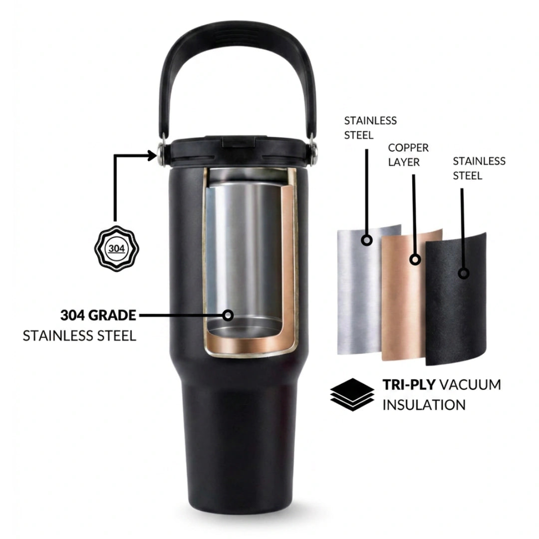 BlackCarrot DualSip Black 1.2 Litres Insulated Stainless Steel Tumbler 304 Grade, Handle & Straw