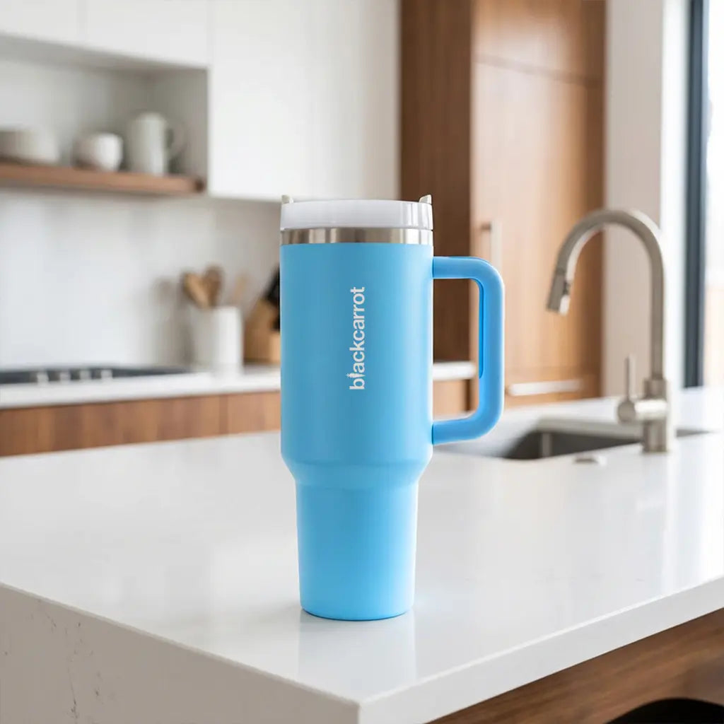 BlackCarrot Blue 1.2 Litre Insulated 304 Grade Stainless Steel Tumbler with Handle & Straw BlackCarrot