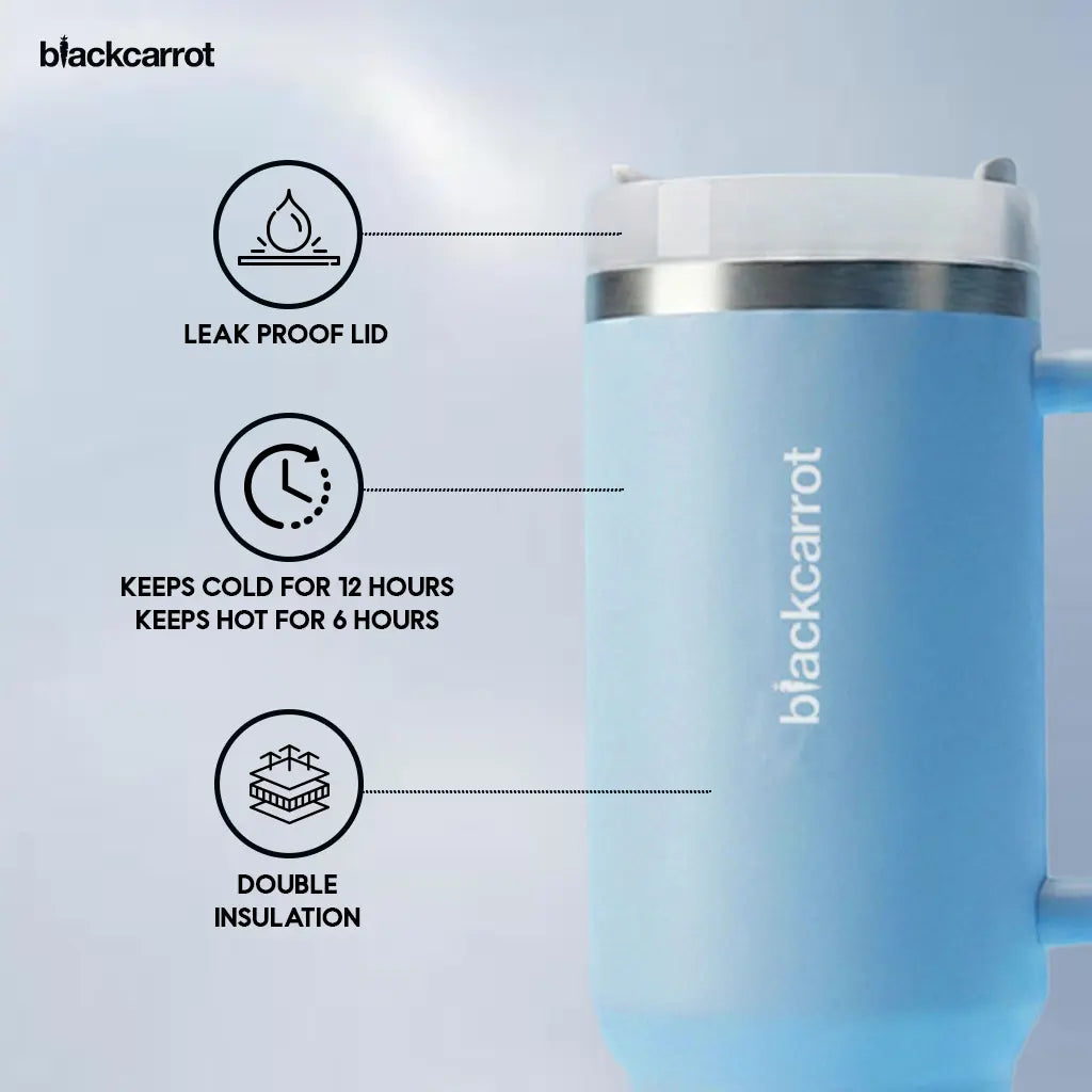 BlackCarrot Blue 1.2 Litre Insulated 304 Grade Stainless Steel Tumbler with Handle & Straw BlackCarrot