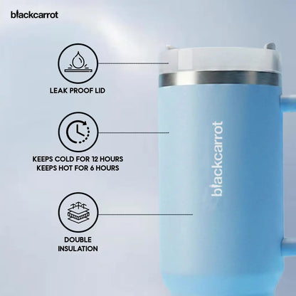 BlackCarrot Blue 1.2 Litre Insulated 304 Grade Stainless Steel Tumbler with Handle & Straw BlackCarrot