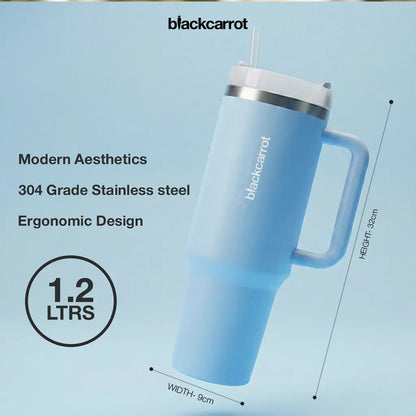 BlackCarrot Blue 1.2 Litre Insulated 304 Grade Stainless Steel Tumbler with Handle & Straw BlackCarrot