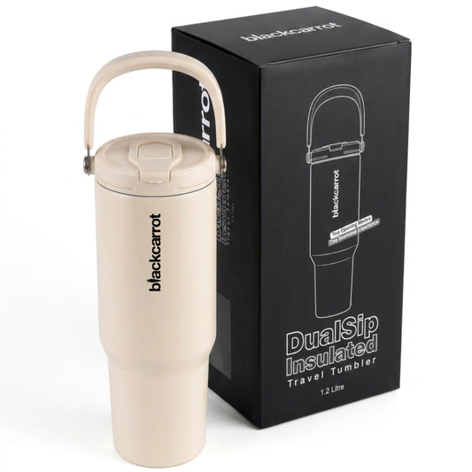 BlackCarrot DualSip Cream 1.2 Litres Insulated Stainless Steel Tumbler 304 Grade, Handle & Straw