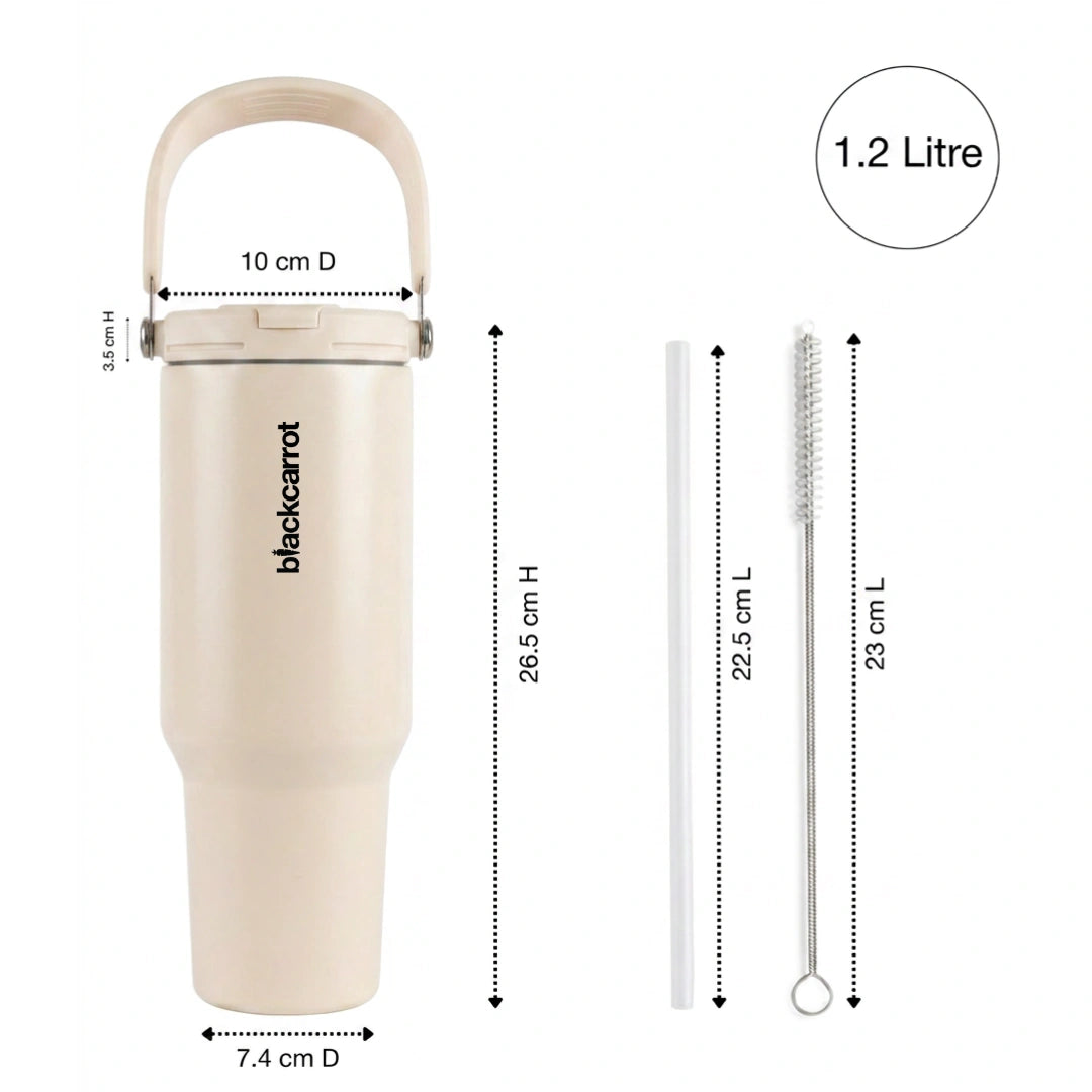 BlackCarrot DualSip Cream 1.2 Litres Insulated Stainless Steel Tumbler 304 Grade, Handle & Straw